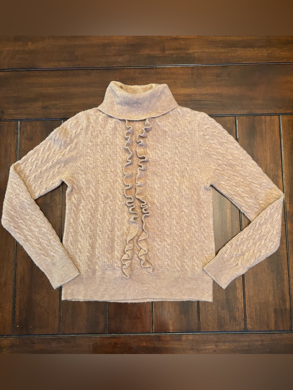 J. Crew Cable-Knit Ruffle Turtleneck Sweater Cream Tan Wool Alpaca Blend Medium